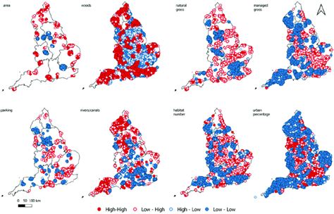 Local Morans I Clusters For Each Log Variable Area Woods Natural Download Scientific