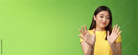 Modest Cute Insecure Timid Asian Girl Waving Hands No Gesture Step