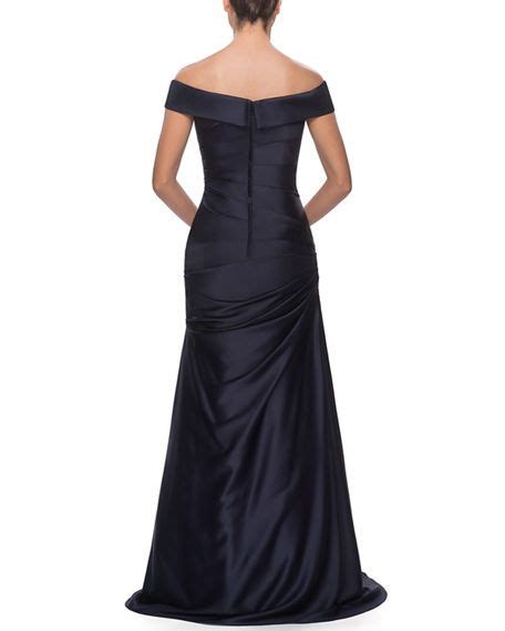 La Femme Off The Shoulder Ruched Satin Gown Satin Evening Dresses