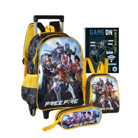 Kit Mochila Escolar Free Fire Rodinha Infantil Juvenil Lancheira E