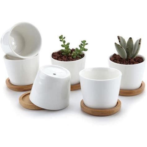 6 Pcs Pot De Succulent En Céramique Blanc Rond 5 Cm Avec Plateau En