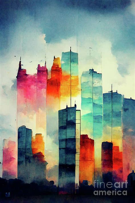 Big City Skyline Building Real Estate Abstract Watercolor Digital Art