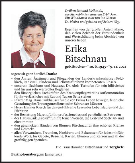 Todesanzeigen Von Erika Bitschnau Todesanzeigen Vorarlberger Nachrichten