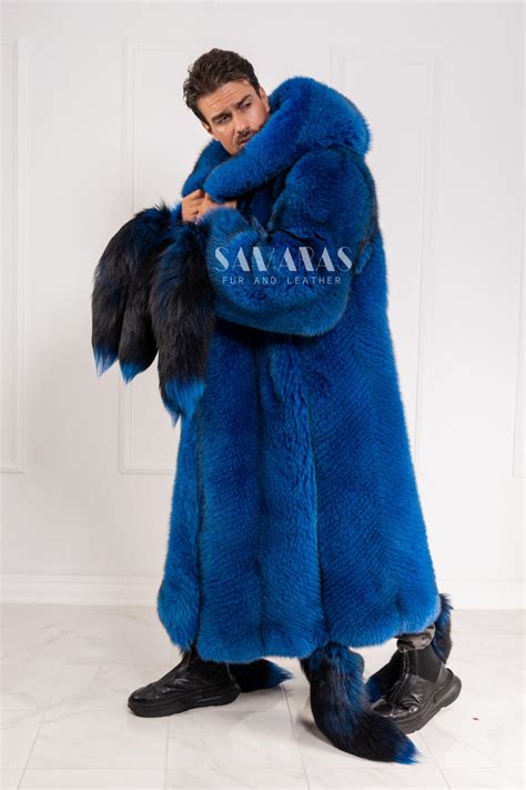 Kit Luxury Mens Scandinavian Oversized Royal Blue Fox Fur Coat Full