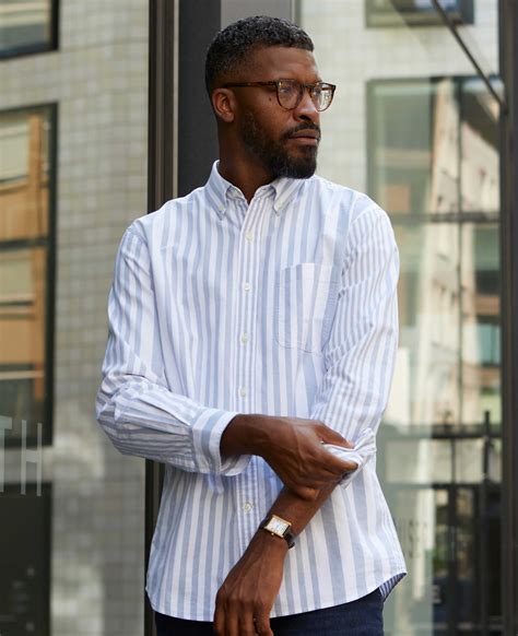 Men S Blue White Variegated Stripe Oxford Casual Shirt Savile Row Co