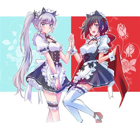 Safebooru 2girls Alternate Costume Apron Black Dress Black Hair Blue