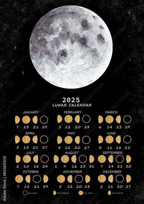 Lunar calendar 2025. Moon phases calendar for 2025 with watercolor full ...