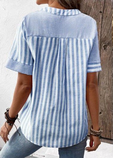 Light Blue Patchwork Striped Short Sleeve Split Neck Blouse Modlily