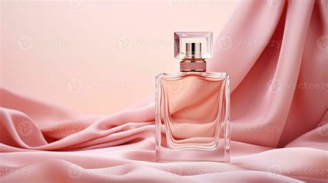 Generative AI, Bottle of perfume on a pink silk background. Glass flask ...