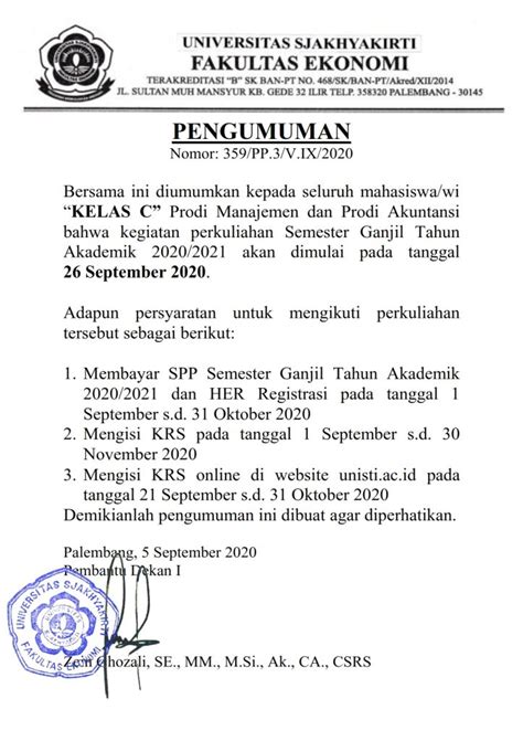 Awal Perkuliahan Semester Ganjil Ta Fakultas Ekonomi