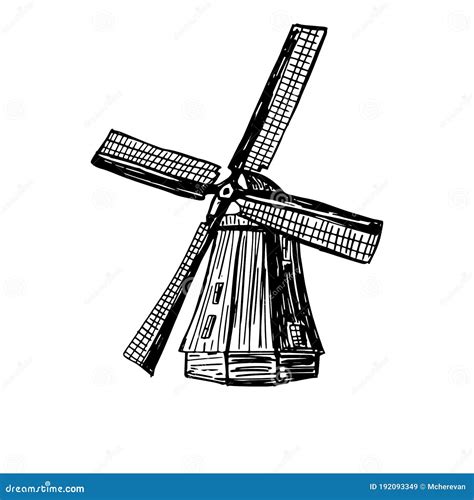 Wind Mill Windmill Hand Drawn Sketch Vector Engraved Illustration Old