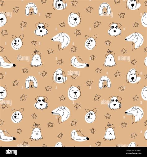 Vector Seamless Pattern With Outline Dogs Of Different Breeds Doodle
