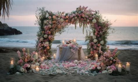 Premium Ai Image A Wedding Altar On The Beach With A Table Covered In