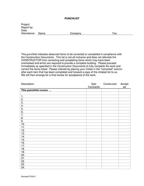 Free Printable Punch List Templates Pdf Word Excel