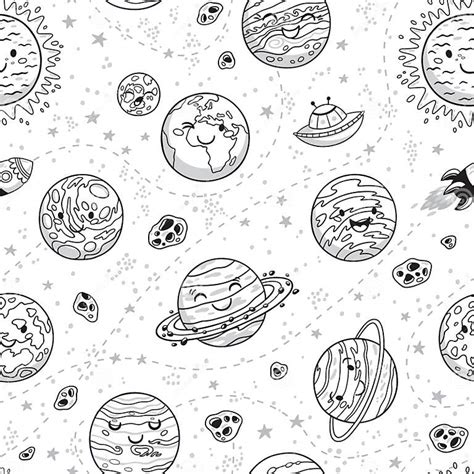 Solar System Seamless Pattern In Cartoon Style Sun Planets Rocket