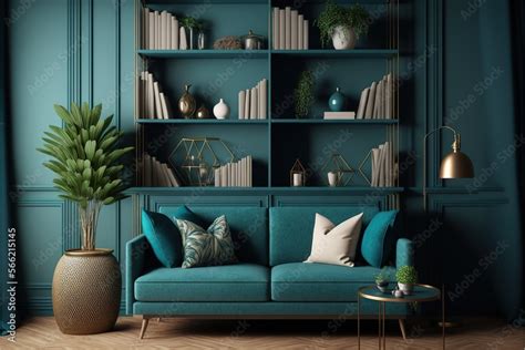 Luxury Living Room With A Small Blue Navy Color Couch Accent Empty