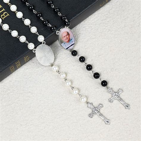 Personalized Multicolor Photo Rosary Beads Cross Necklace Christening