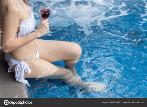 Bikini Clad Asian Woman Stands Pool Preparing Take Dip Pool Stock Photo