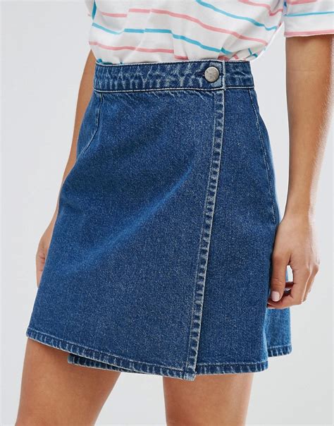 Asos Petite Denim Wrap Skirt In Mid Wash Blue Shopperboard