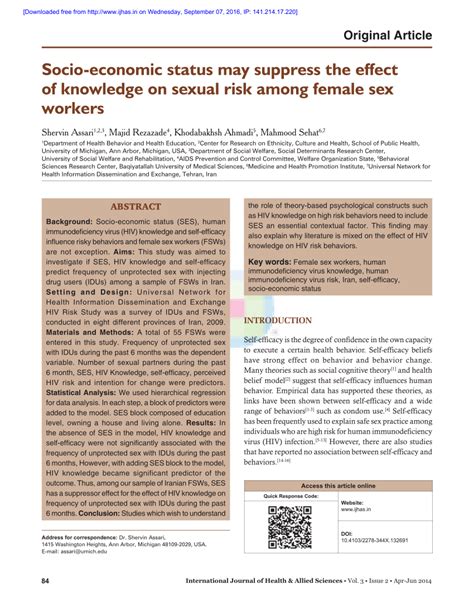 Pdf Socio Economic Status May Suppress The Effect Of Knowledge On Sexual Risk Among Female Sex