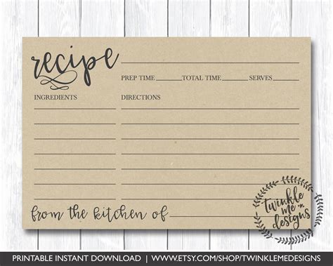 Recipe Card Printable Printable Recipe Card Diy Recipe Etsy Recipe