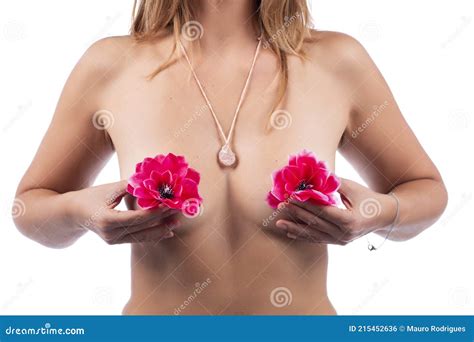Woman Nude Holding Pink Flowers Stock Photo Image Of Gentle Figure