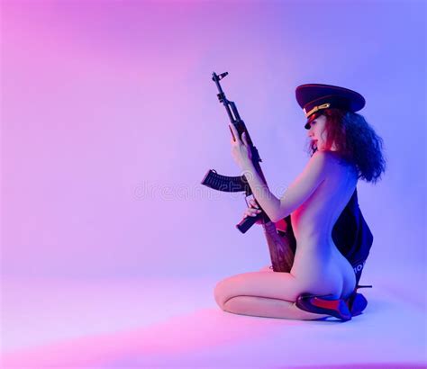 Naked Girl In A Police Uniform With A Gun Kalashnikov Stock Image Image Of Russia Strong