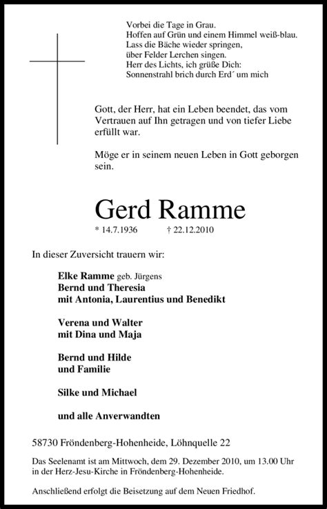 Traueranzeigen Von Gerd Ramme Trauer In Nrw De