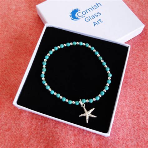 Polzeath Turquoise And Silver Bead Bracelet With Charm Cornish Glass Art