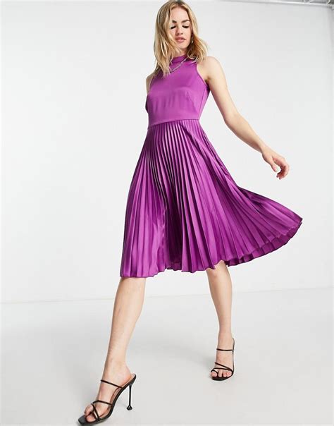 Closet London High Neck Pleated Midi Dress In Purple Asos Pleated