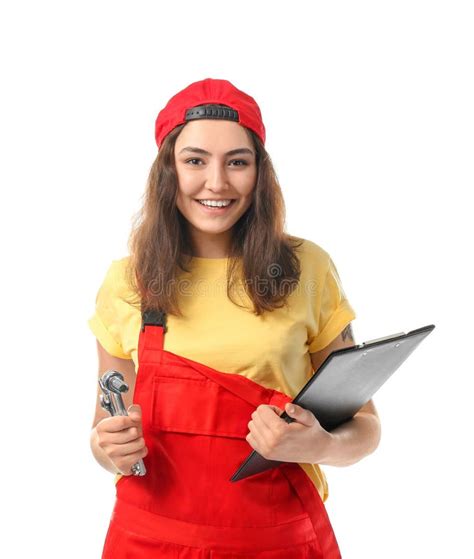 Female Mechanic In Uniform With Clipboard And Instruments On White Background Stock Photo ...