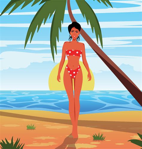 vector ilustración verano ilustración de un niña en un bikini broncearse y nadando en el mar
