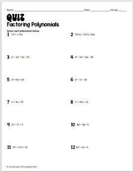 Factoring Polynomials Quiz For Algebra 1 By Lisa Davenport TpT