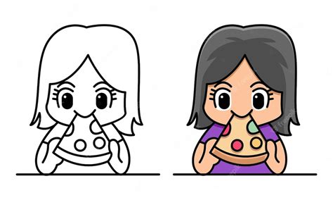 Niña Comiendo Pizza Página Para Colorear Para Niños Vector Premium