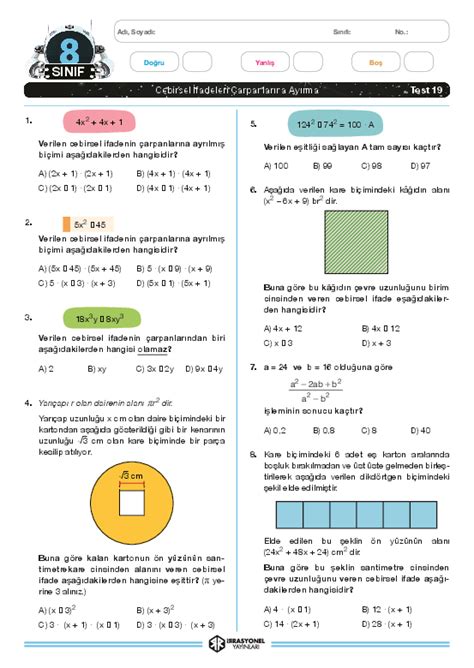 S N F Matematik Cebirsel Fadeleri Arpanlar Na Ay Rma Test