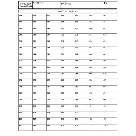 Cartela De Rifa 1500 Números Números Rifas Sorteio