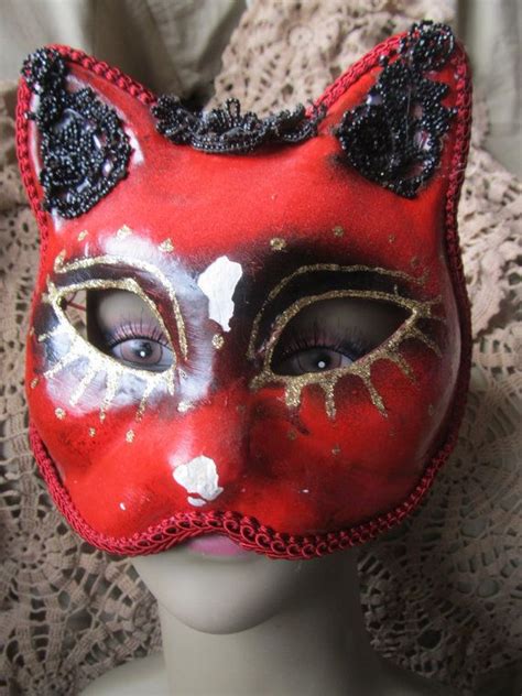 Vintage Red Cat Paper Mache Mask Party Masquerade Needs Etsy Red