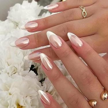 YOSOMK French Tip Press On Nails Almond Medium Fake Nails With Chrome Designs Glossy Nude False
