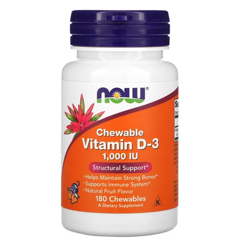 Now Vitamin D 3 180 Chewable Tablets 1000 Iu Supports Bone Health