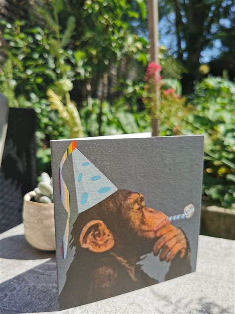 Happy Birthday Chimpanzee Card Party Chimp Chimp Greeting Etsy