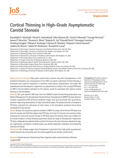 PDF Cortical Thinning In High Grade Asymptomatic Carotid Stenosis