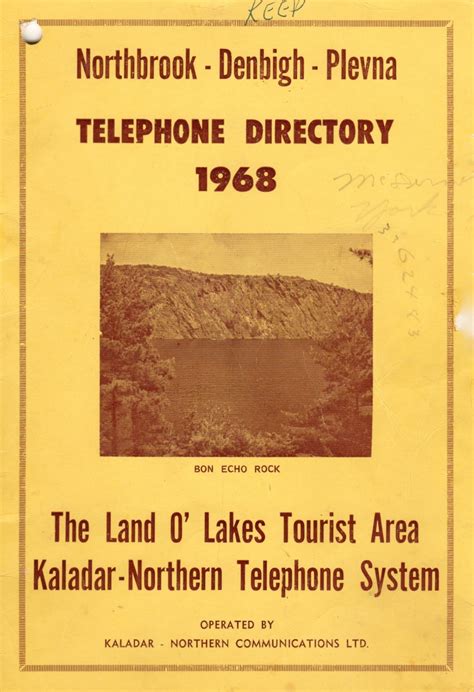 1968 Kaladar-Northern Telephone Directory for Northbrook, Denbigh, Plevna