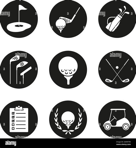 Golf Icons Set Ball On Tee Golf Cart Clubs Golfers Checklist