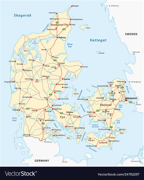 Denmark Road Map Royalty Free Vector Image Vectorstock