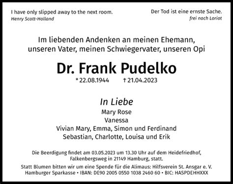 traueranzeigen von frank pudelko hamburgertrauerde