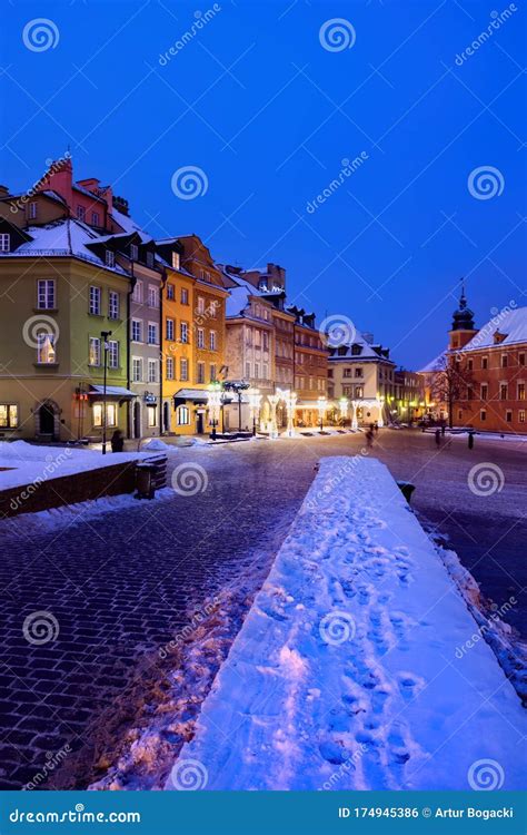 Winter Night In Old Town Of Warsaw City In Poland Stock Photo Image