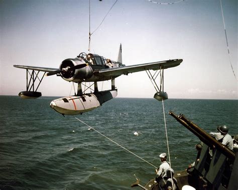 A Vought Os2u Kingfisher Is Hoisted Aboard The Uss Missouri Bb 63 In