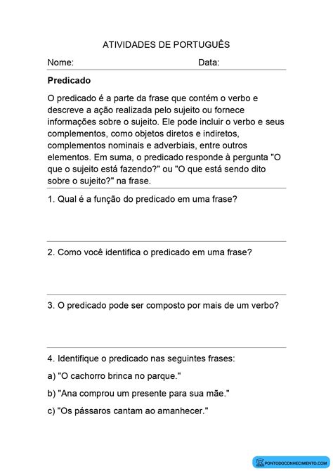 Atividade Sobre Tipos De Predicado Com Gabarito - Atividade Sobre Tipos De Predicado Com Gabarito - RETOEDU
