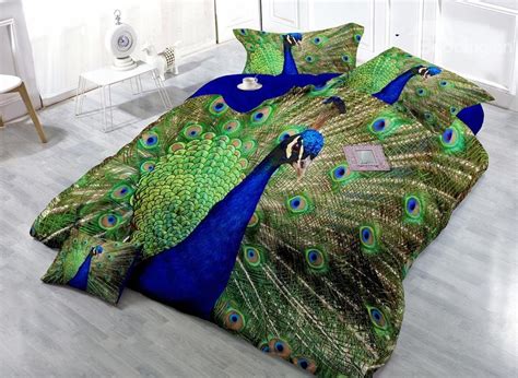 Vivid Peacock Digital Print 4 Piece Satin Cotton Duvet Cover Sets On