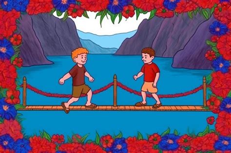 Um Desenho Animado De Dois Meninos Atravessando Uma Ponte Uma Flor